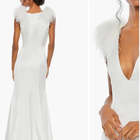 Mac Duggal Exquisite Feather Shoulder V-Neck Column Gown White Size 6 NWT - Picture 2 of 13